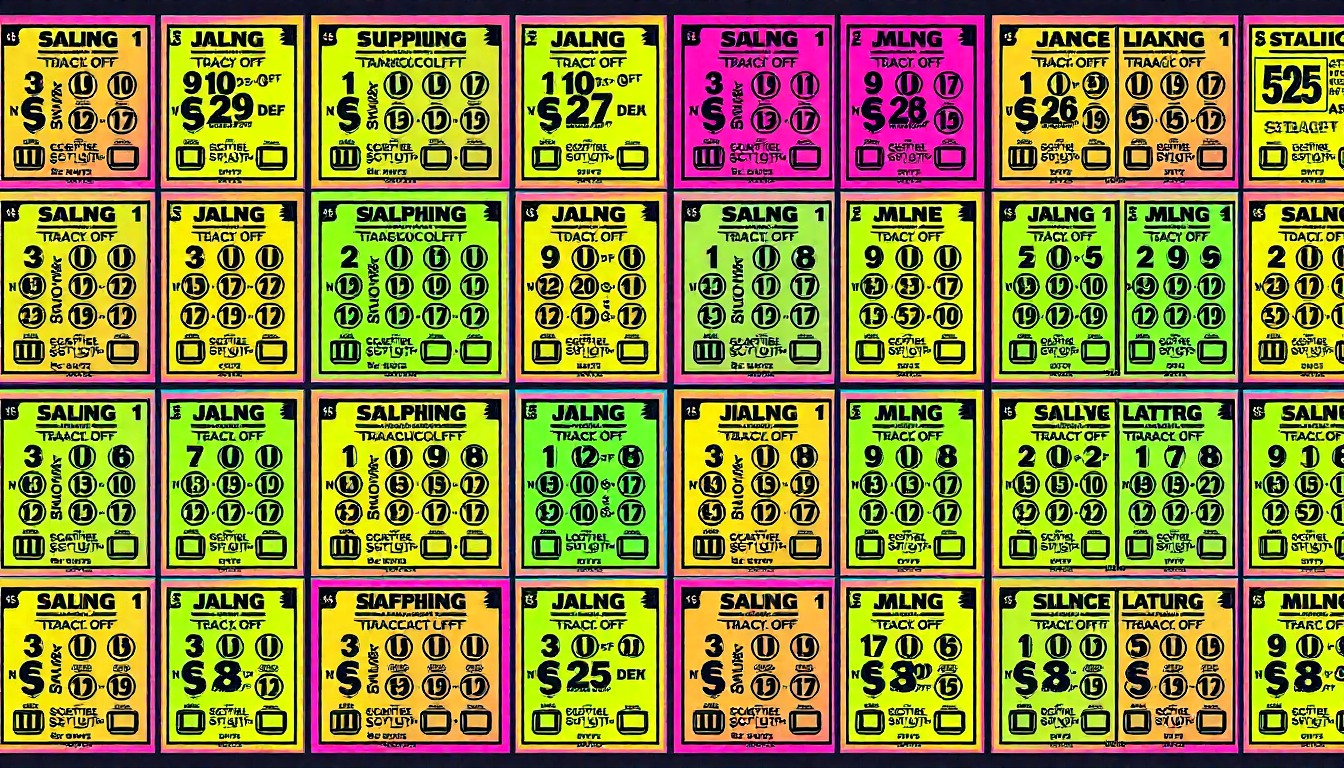 A vibrant, abstract silkscreen-style image composed of multiple repeating images of a lottery scratch-off ticket, rendered in a bold, neon color palette with heavy black outlines, conceptually representing the excitement and unexpected windfall of a life-changing lottery win.