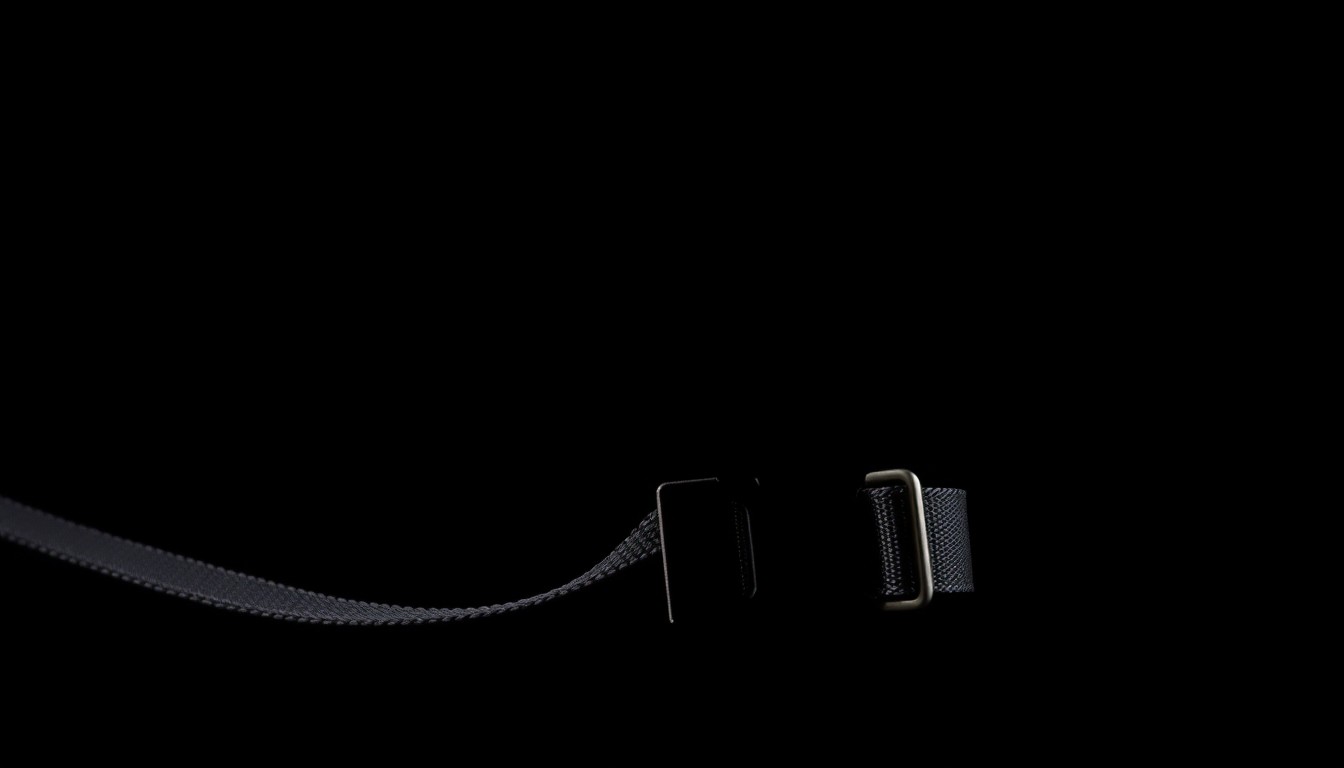 An extreme close-up of a police K-9 collar and leash, the metal hardware and worn leather textured dramatically by the harsh flash lighting against a pitch-black background, conceptually illustrating the ACLU's investigation into Fresno police K-9 practices.