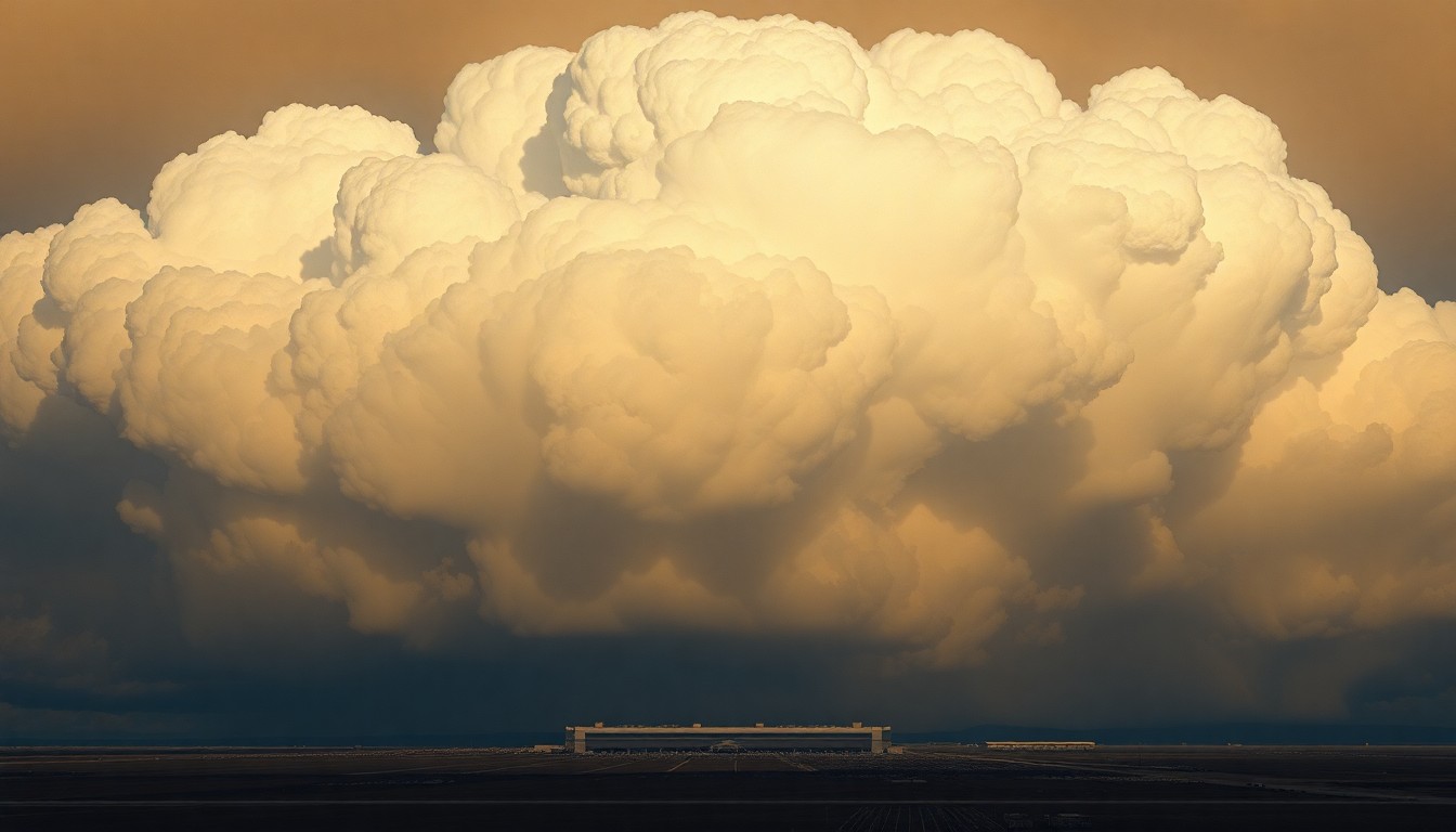 A sweeping, atmospheric landscape painting depicting a massive, ominous cloud formation looming over the silhouette of Denver International Airport's iconic terminal building, conveying the overwhelming power of nature and the vulnerability of human-made structures.