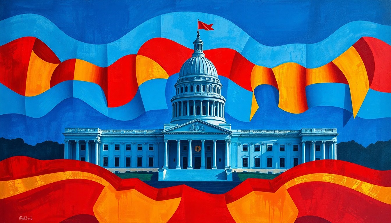 A dynamic, abstract painting featuring a California state capitol building or other political structure repeated in overlapping, fractured, geometric waves of vibrant blue, red, and gold colors, conveying the turbulent nature of the 2026 gubernatorial race.