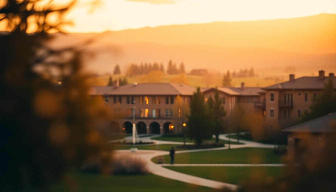 An abstract, out-of-focus photograph of a university campus, with warm pools of light and color creating a contemplative, dreamlike atmosphere.