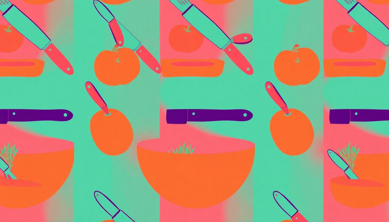A high-contrast, brightly colored silkscreen print of various cooking tools and fresh produce items arranged in a grid pattern, conceptually representing the hands-on culinary education provided by the Live Oak School District's Food Lab program.