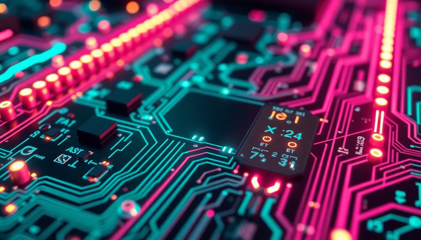 A highly detailed, glowing 3D macro illustration of a complex circuit board with illuminated neon cyan and magenta traces, conceptually representing the advanced digital infrastructure powering xAI's AI models and training pipelines.