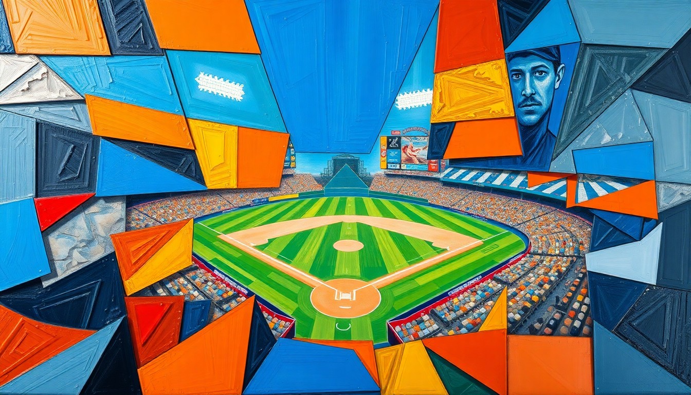 A fractured, multi-angled painting in bold, geometric shapes and colors representing the chaotic action of a baseball game, conceptually illustrating the Astros' defeat.