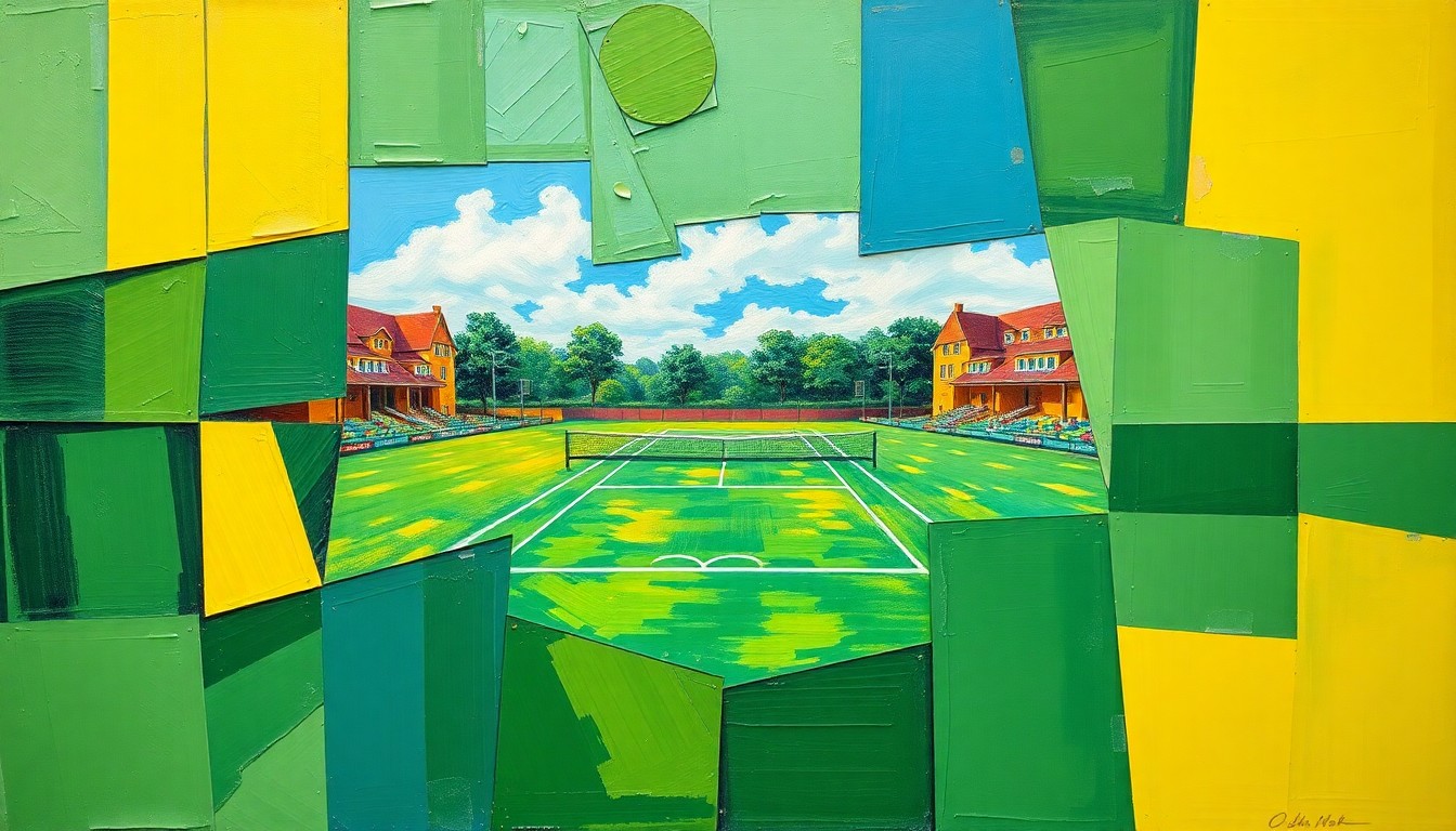 A fragmented, geometric painting depicting overlapping perspectives of a college tennis match, with sharp planes of green, blue, and yellow hues conveying the dynamic energy of the competition.