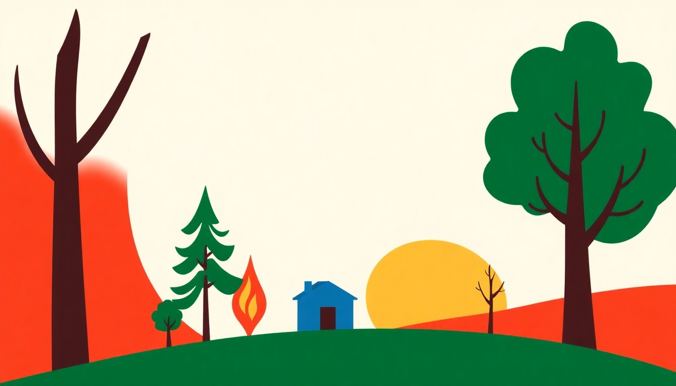 A minimalist illustration using bold geometric shapes and primary colors to conceptually represent a state-run wildfire insurance program as a solution to California's home insurance crisis.