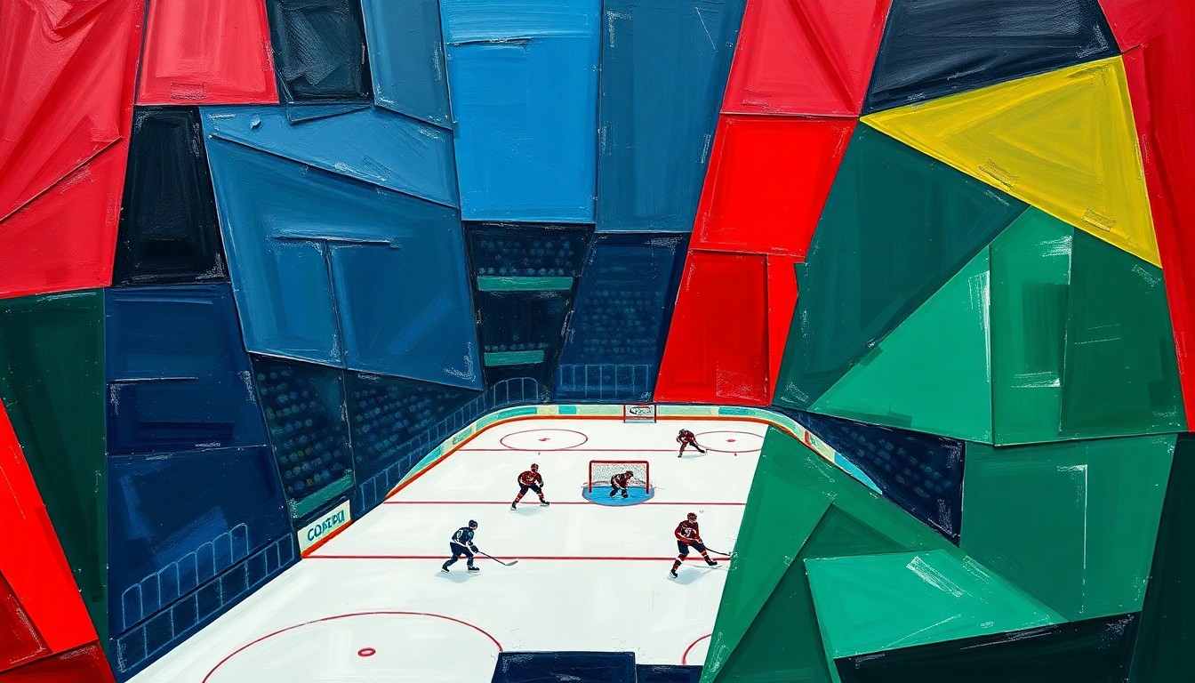 A cubist, geometric painting depicting a hockey game, with sharp, overlapping planes of navy, green, and red, conceptually representing the fractured emotions and resilience of a local youth hockey team.