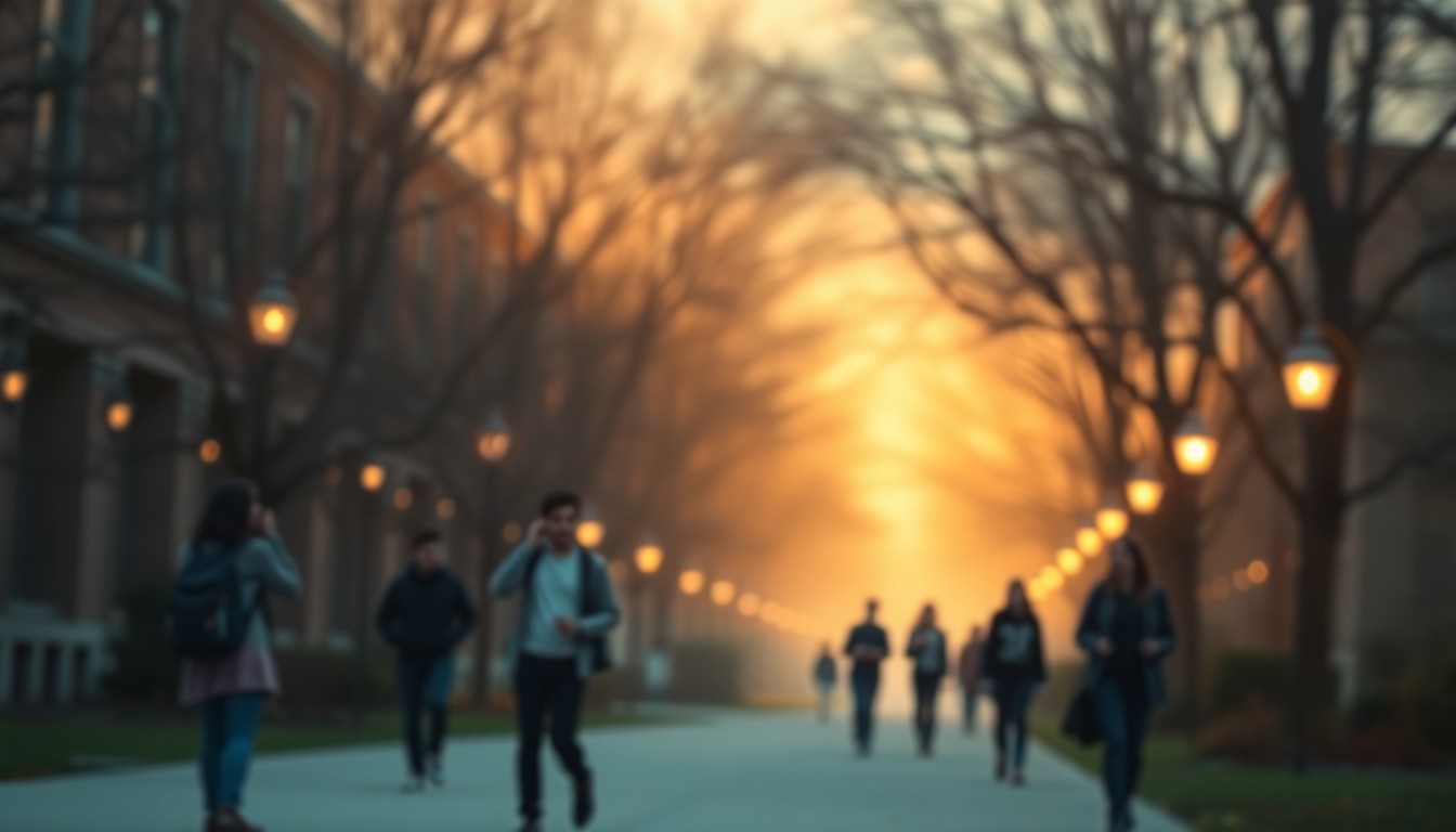A hazy, impressionistic scene of students strolling across a college campus, with soft, warm light and color creating a contemplative, atmospheric mood.
