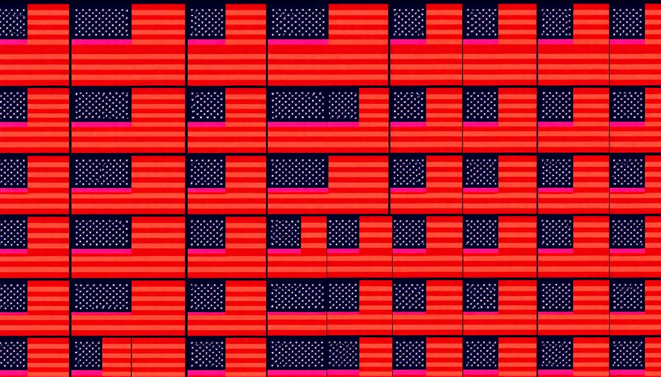 A bold, colorful silkscreen illustration of the American flag icon repeated in a grid, capturing the celebratory energy of new citizens taking the oath of allegiance.