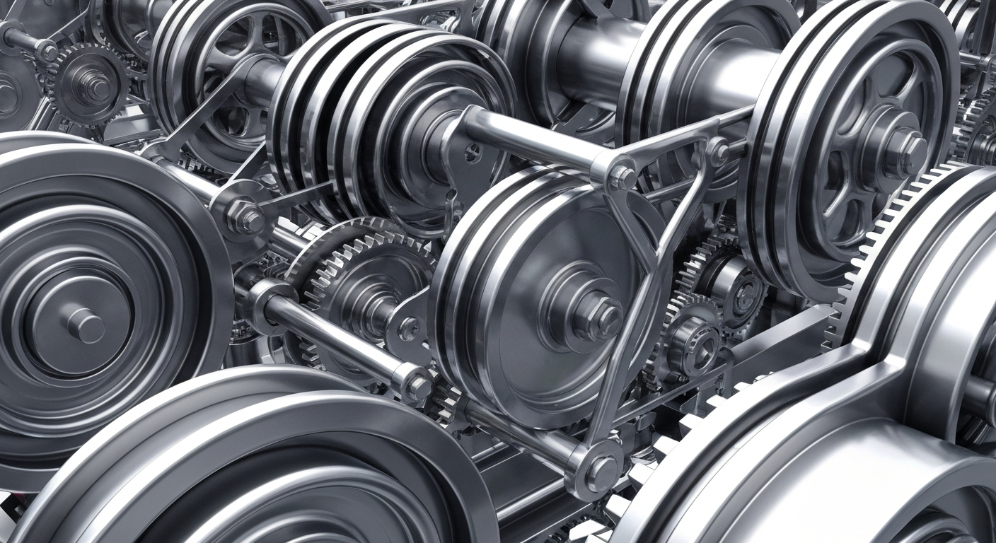 An extreme close-up of intricate, polished banking machinery and mechanisms in shades of silver, steel, and chrome, conceptually representing the complex financial infrastructure underlying the commercial real estate industry.