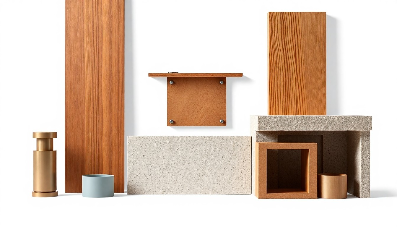 A minimalist studio still life photograph featuring a collection of polished metal, smooth wood, and textured stone building materials arranged elegantly on a solid white background, conveying a sense of quality craftsmanship.