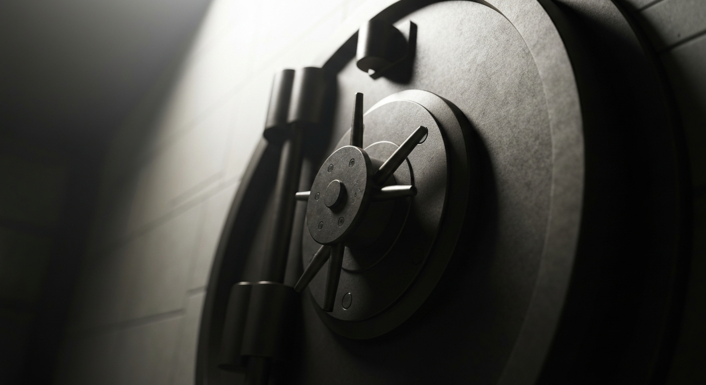 A close-up of a highly detailed, industrial-looking metal banking vault door, conveying a sense of security and financial stability.