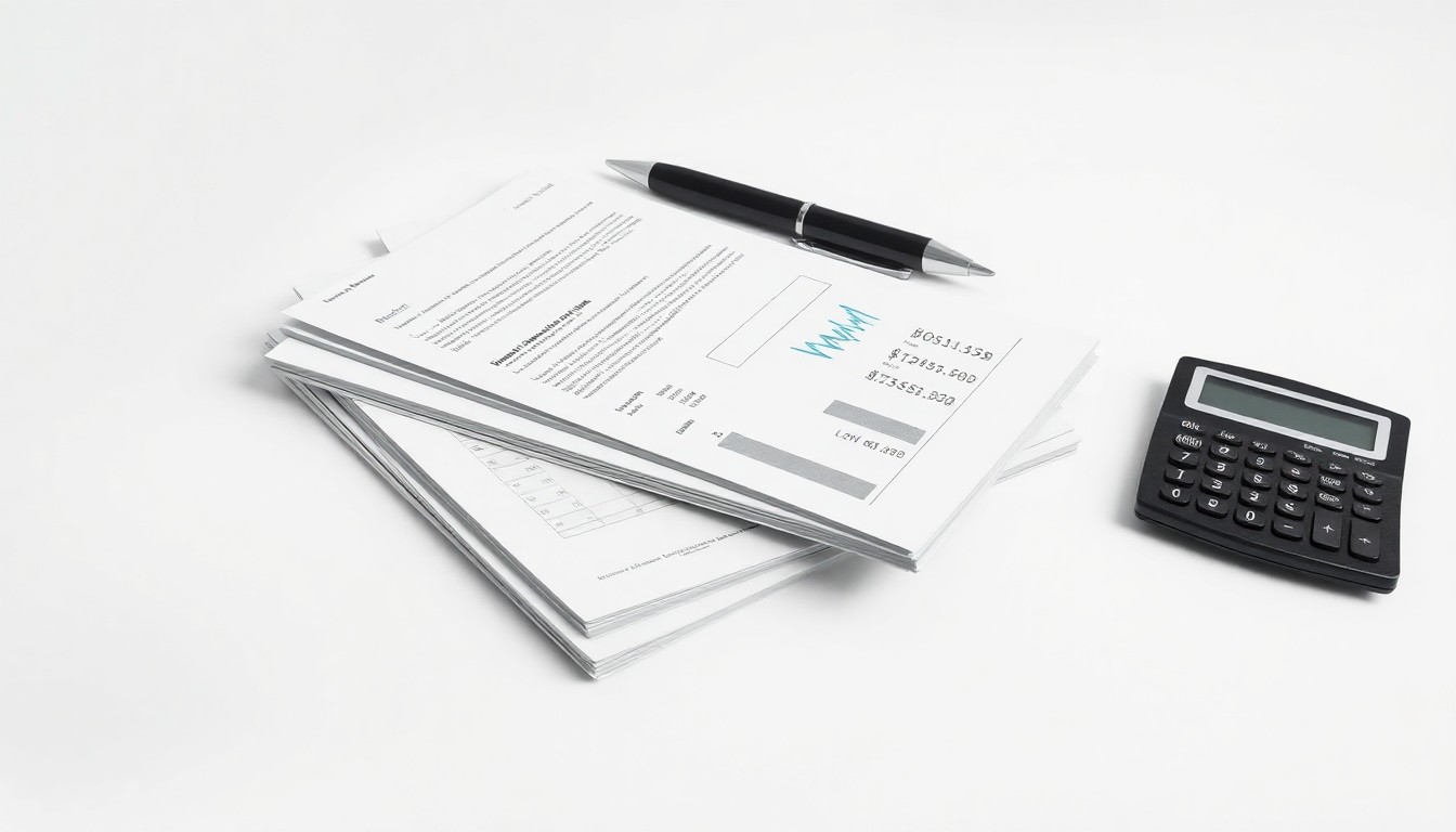 A minimalist studio still life photograph featuring a stack of financial reports, a pen, and a calculator on a clean white background, conceptually representing corporate finance and strategy.