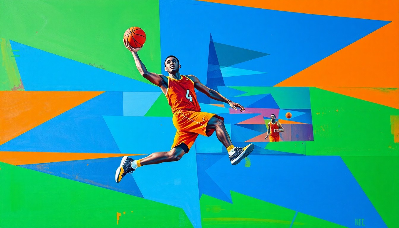 A cubist, geometric painting depicting a basketball player in motion, with sharp, overlapping planes of vibrant blue, orange, and green colors, conveying a sense of fragmentation and unrest.