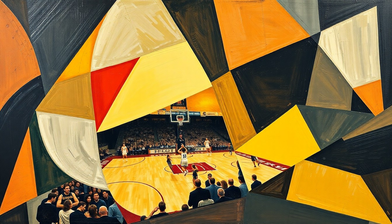 A cubist, geometric painting depicting the fragmented elements of a college basketball game, with sharp, overlapping planes of color and form representing the upheaval facing the Oregon State men's basketball program.