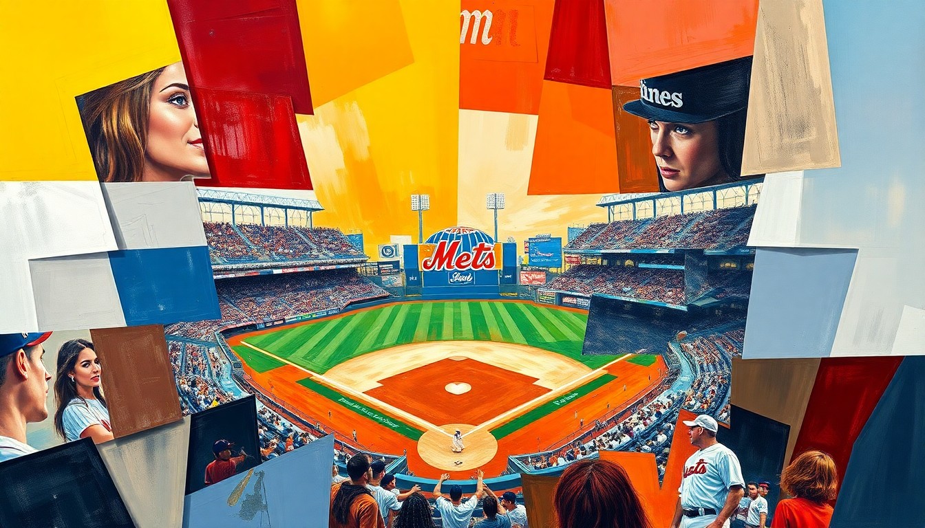 A fragmented, geometric painting depicting a baseball game between the New York Mets and Arizona Diamondbacks, with overlapping shapes and planes representing the action on the field.