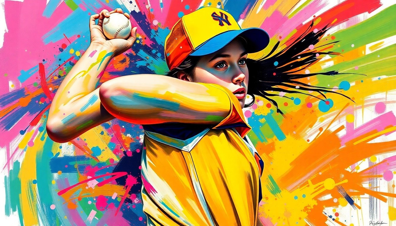 An abstract, expressionist painting in vibrant neon colors depicting the dynamic motion and energy of a high school softball pitcher in action, with the player's features obscured in a blur of paint strokes.