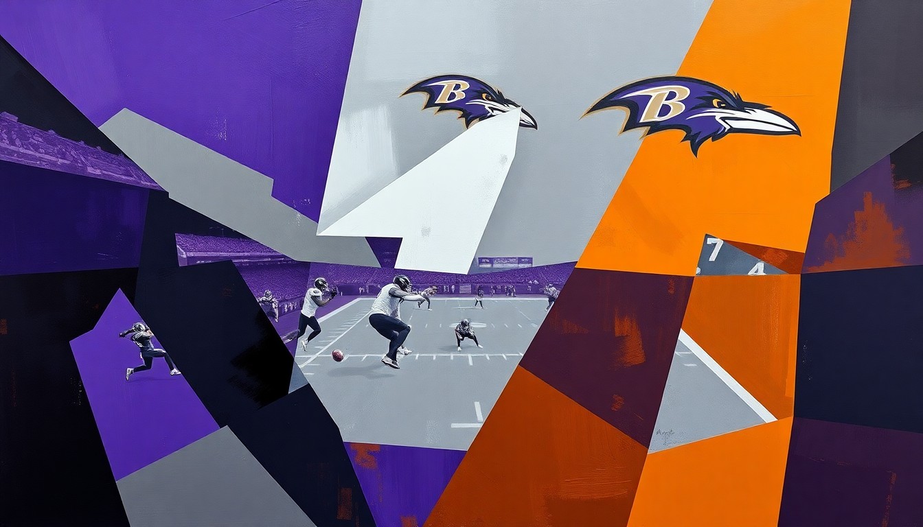 A cubist, geometric painting depicting fragmented scenes of a Ravens football practice, with overlapping planes of deep purple, steel grey, and burnt orange colors conveying the dynamic energy of the team's new era under Jesse Minter.