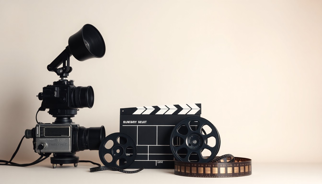 A high-end, photorealistic studio still-life photograph featuring a vintage film camera, a director's clapperboard, and a reel of 35mm film against a clean, monochromatic seamless background, conceptually representing the abstract concepts of filmmaking, production, and the economic potential of the industry for Santa Barbara County.