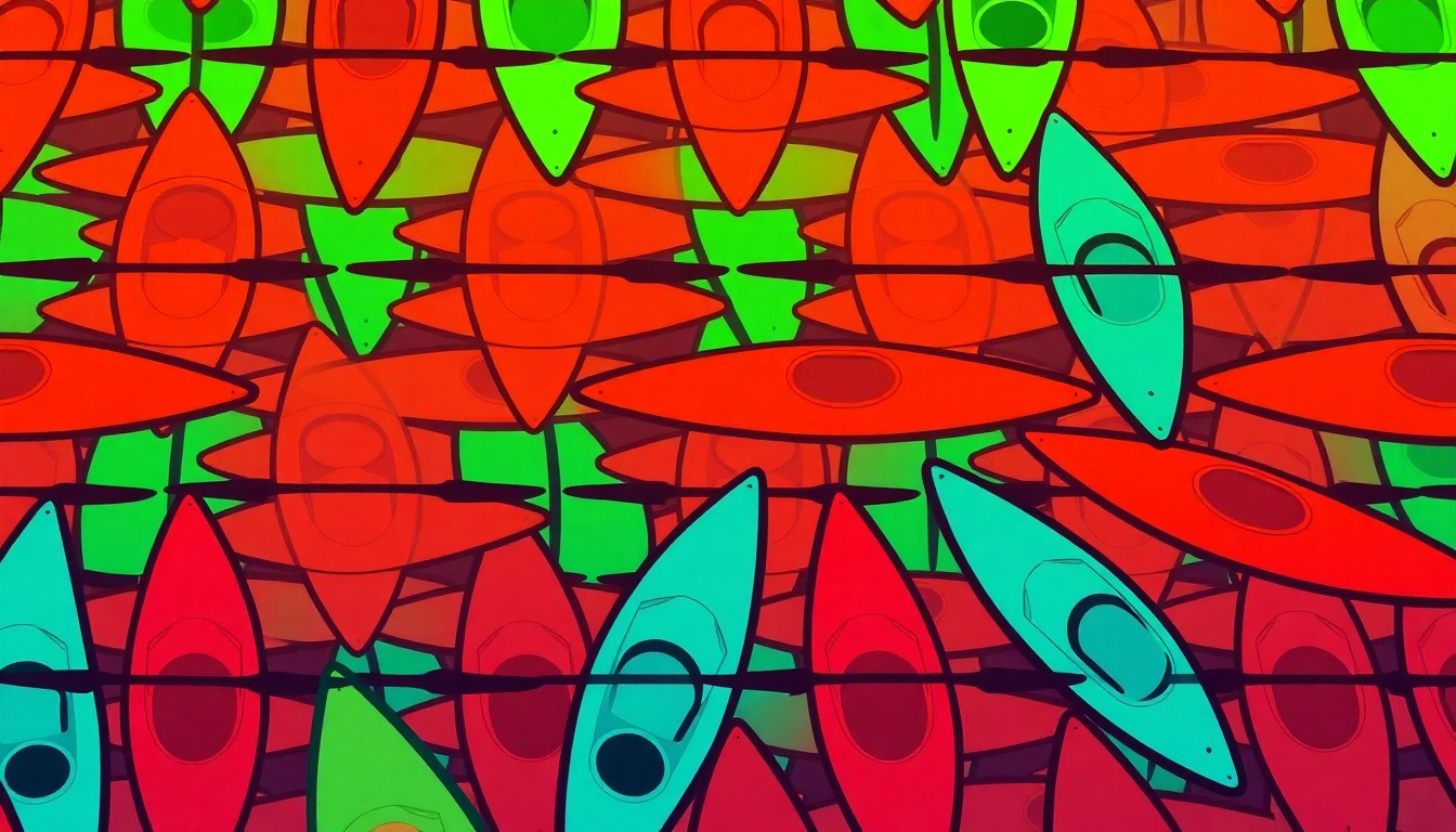 A brightly colored, high-contrast silkscreen print of a kayak or canoe repeated in a tight grid pattern, representing the outdoor recreation and water access at Pleasure House Point.