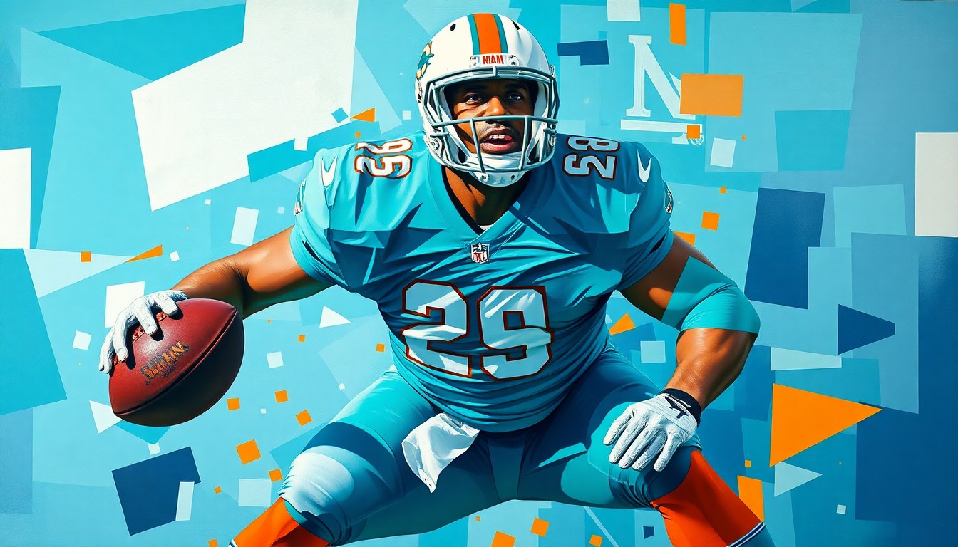 A cubist, multi-angled painting in shades of aqua, orange, and navy blue, deconstructing the movements of a football offensive lineman in action, conveying the raw power and athleticism of a potential high draft pick for the Miami Dolphins.