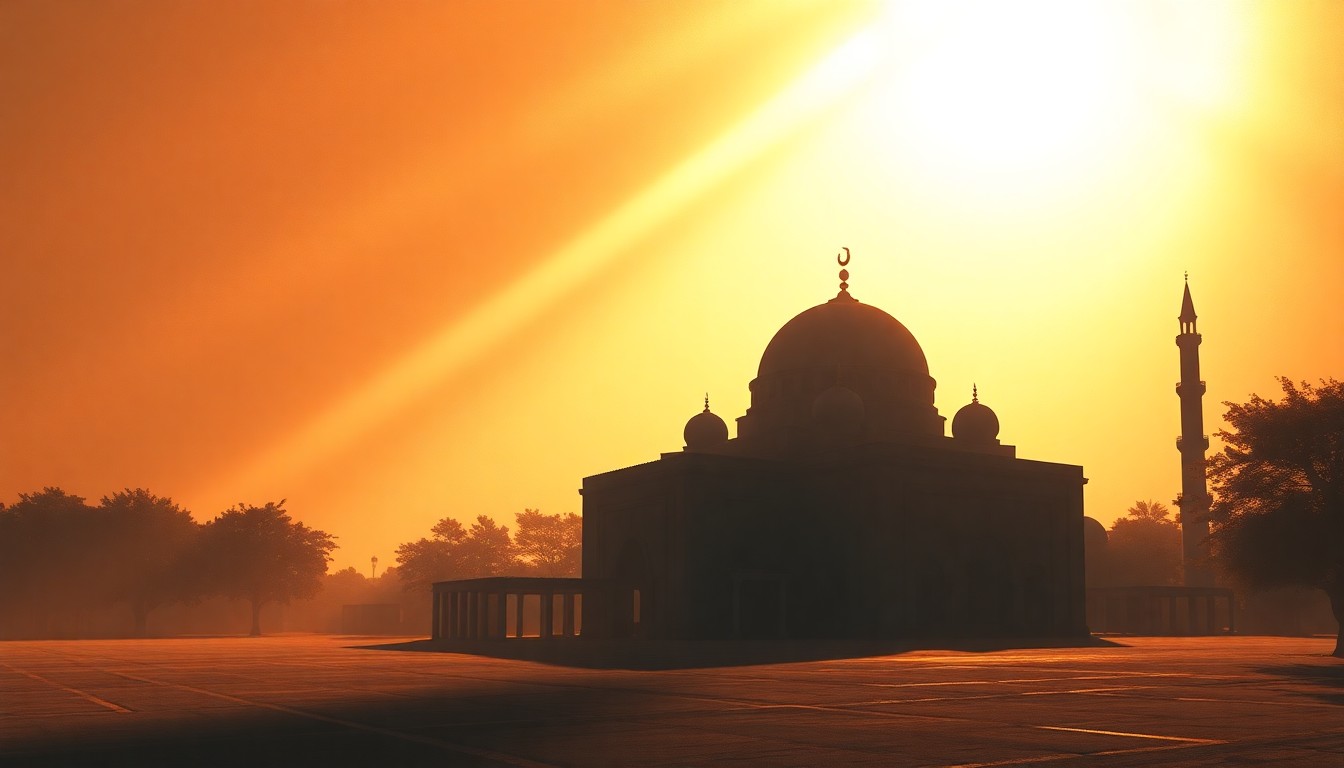 A serene, painterly depiction of a mosque structure in warm, muted tones, conveying the contemplative atmosphere of the community debate over the facility's future.