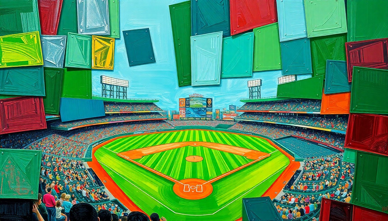 A fragmented, geometric painting depicting a baseball game, with sharp planes of green, blue, and red overlapping to create a dynamic, multi-angled representation of the action on the field.
