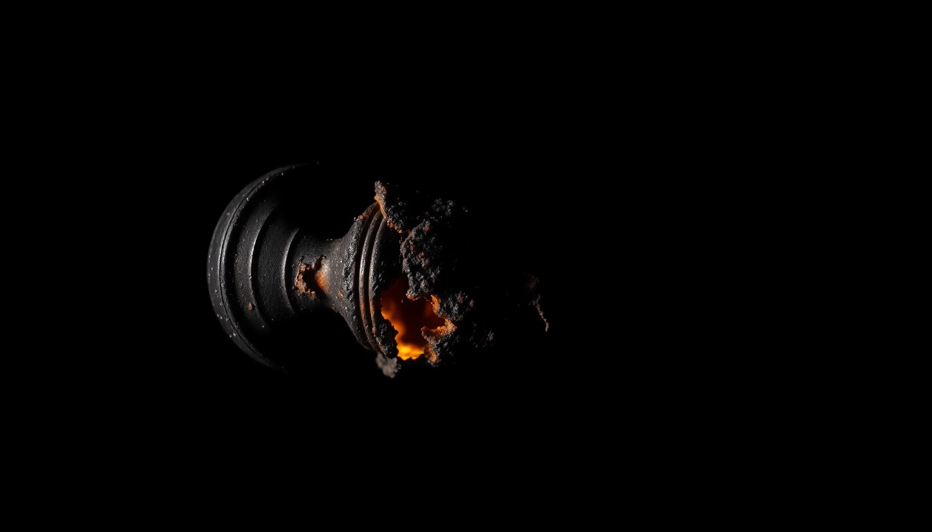 An extreme close-up photograph of a melted, charred lock or door handle from the burned warehouse, capturing the gritty, investigative aesthetic of the crime scene.