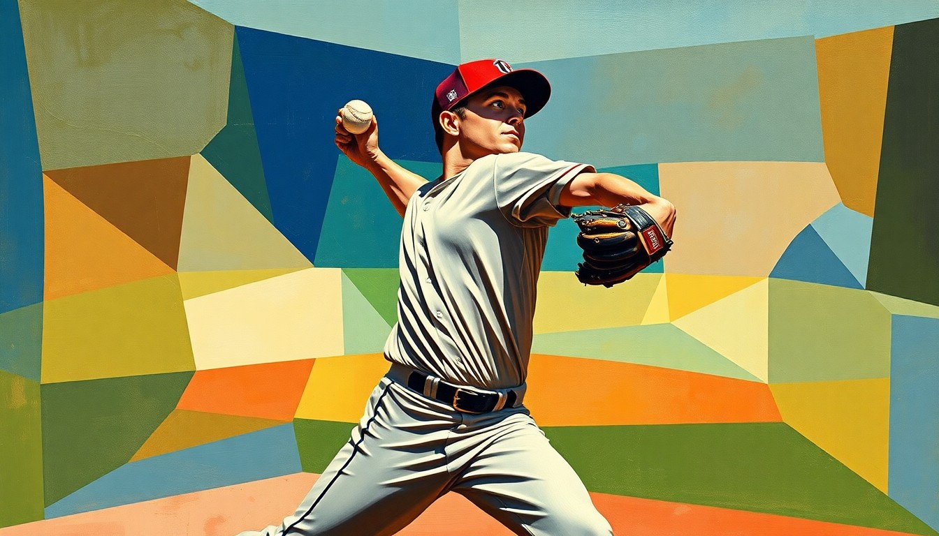 A cubist-style painting depicting a baseball pitcher's delivery broken down into fragmented, overlapping geometric shapes, conveying the intricate mechanical adjustments the Mets must make to help their struggling starter regain his form.