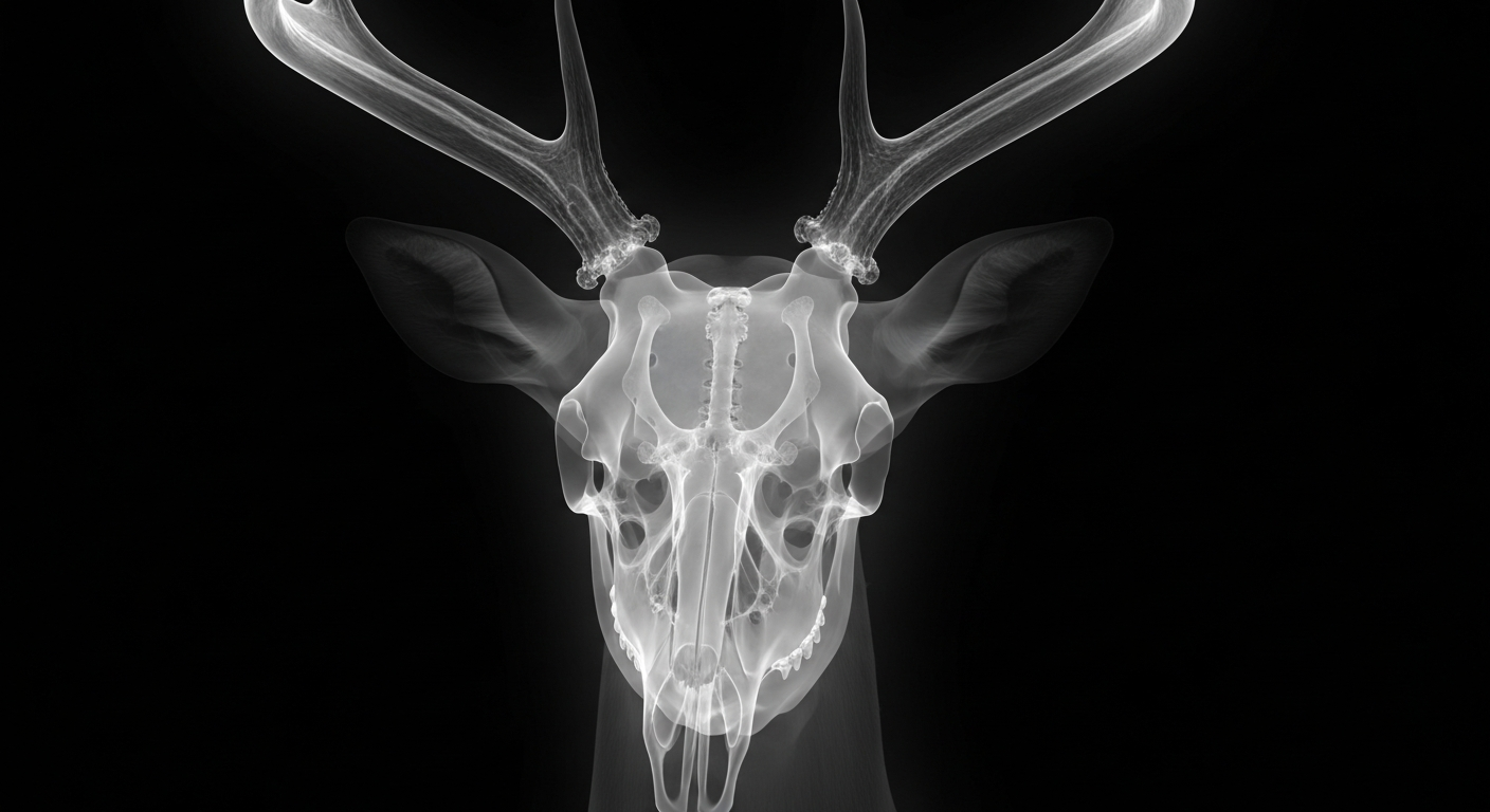 A ghostly, translucent X-ray image showing the internal structure of a deer's head, with the outline of the skull and antlers visible against a dark background, conceptually illustrating the spread of bovine tuberculosis in Michigan's deer herds.