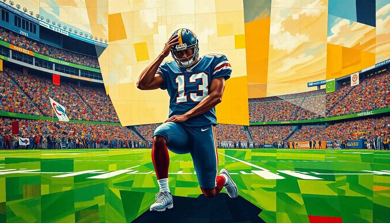 A fractured, geometric painting depicting a football player kneeling in protest, with a vibrant football field and stadium seating in the background, conceptually representing the lasting impact of Kaepernick's activism.