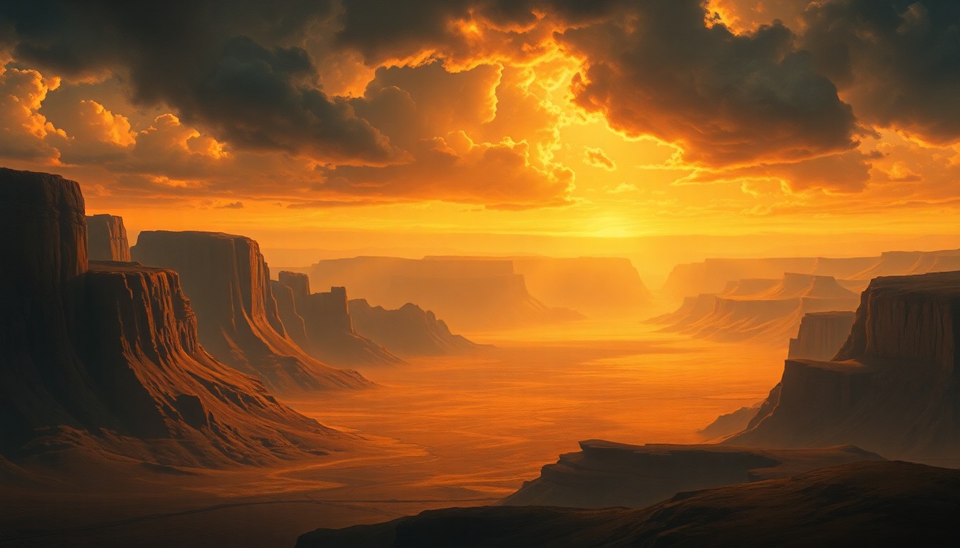 A sweeping, atmospheric landscape painting in muted earth tones and dramatic lighting, conveying the overwhelming scale and power of extreme heat conditions in the American West.