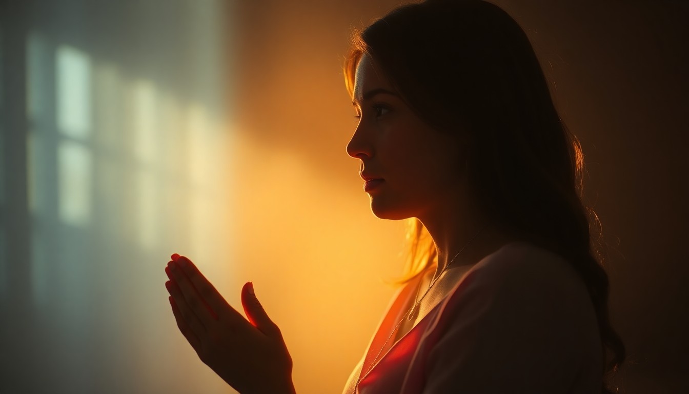 An abstract, out-of-focus photograph in warm tones, depicting a woman in a prayerful pose, surrounded by a soft, glowing light, conveying a sense of spiritual contemplation.