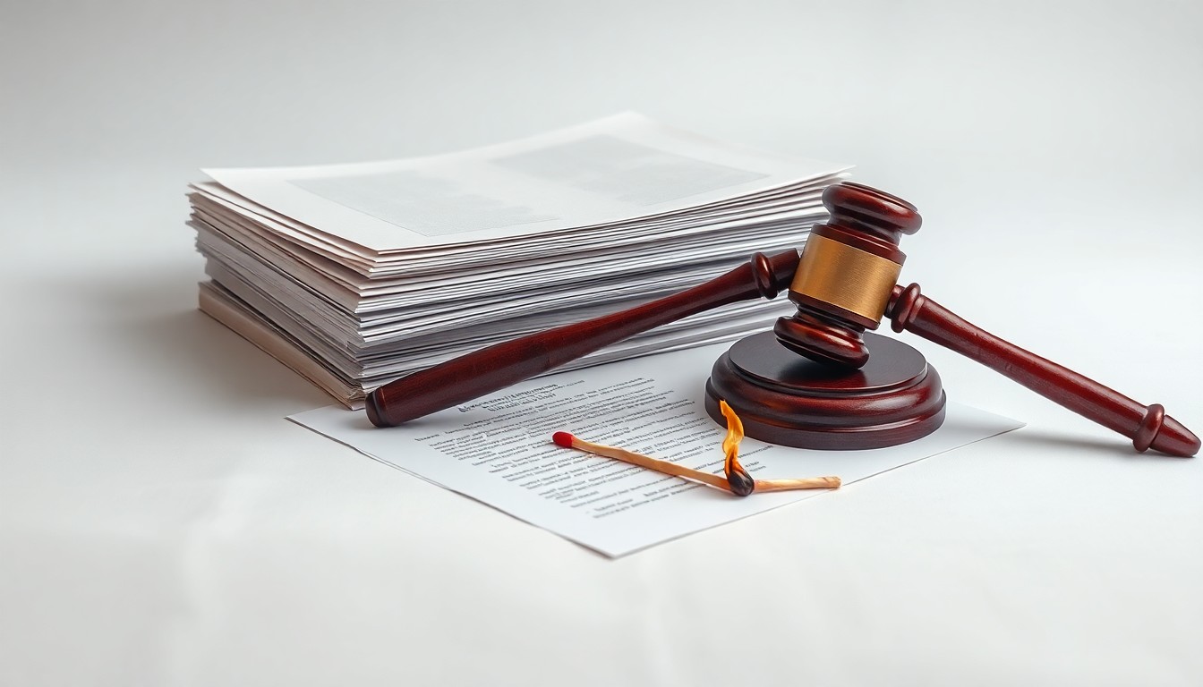 A photorealistic studio still-life image featuring a stack of legal documents, a gavel, and a burnt matchstick on a clean, monochromatic background, conceptually representing the complex legal battles and financial impacts surrounding the Oregon wildfire case.