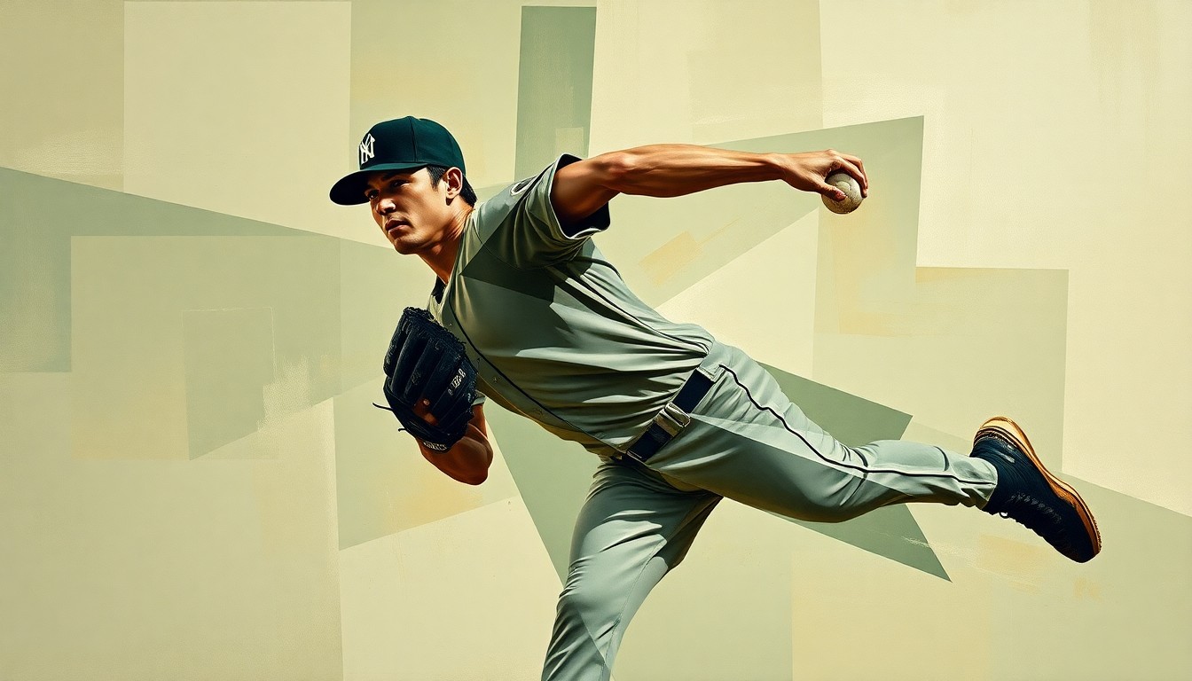 A fragmented, geometric painting in muted earth tones depicting the various angles and planes of a baseball pitcher's delivery, conveying the instability and struggles within the Nationals' starting rotation.