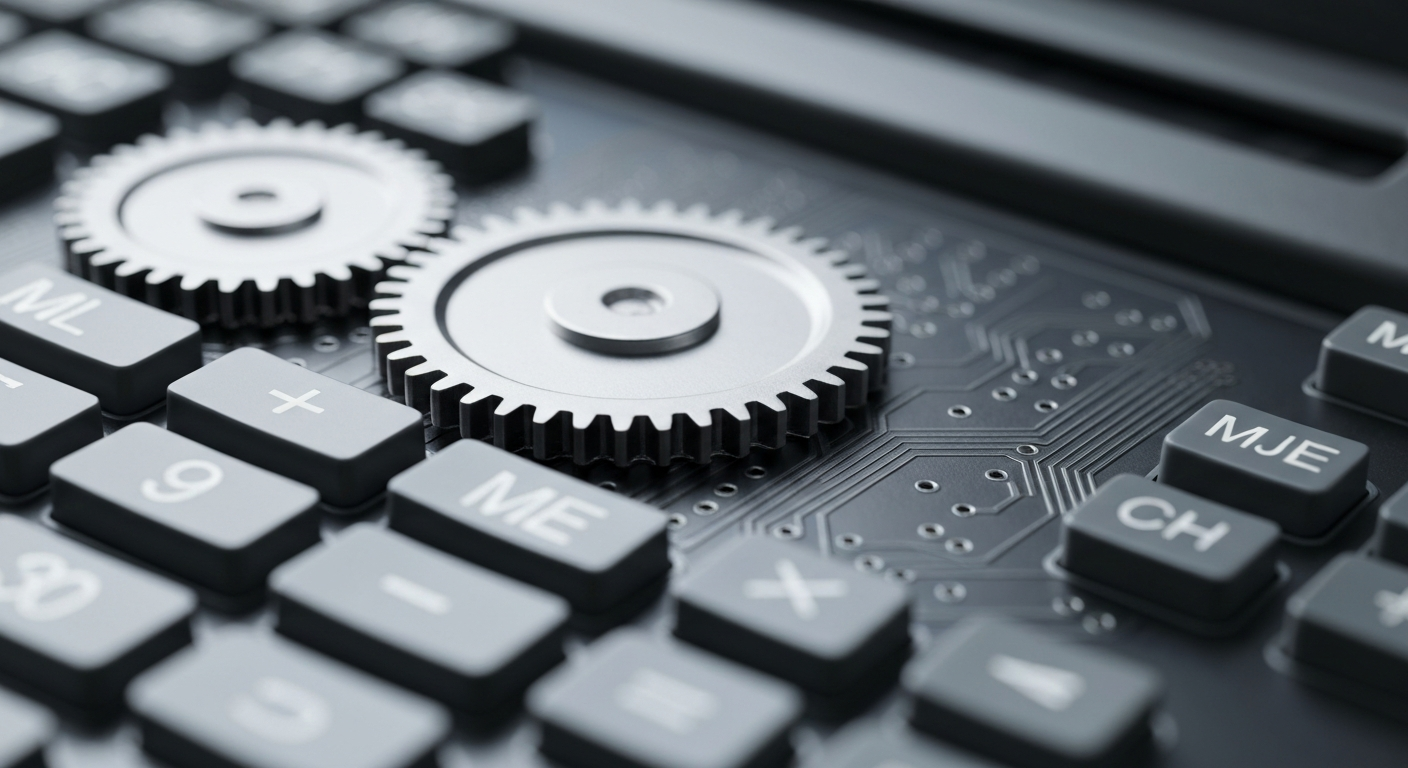 An extreme close-up photograph of the inner workings of a calculator, with its gears, circuits, and other mechanical components filling the frame, conceptually representing the complex systems and processes involved in tax preparation and filing.