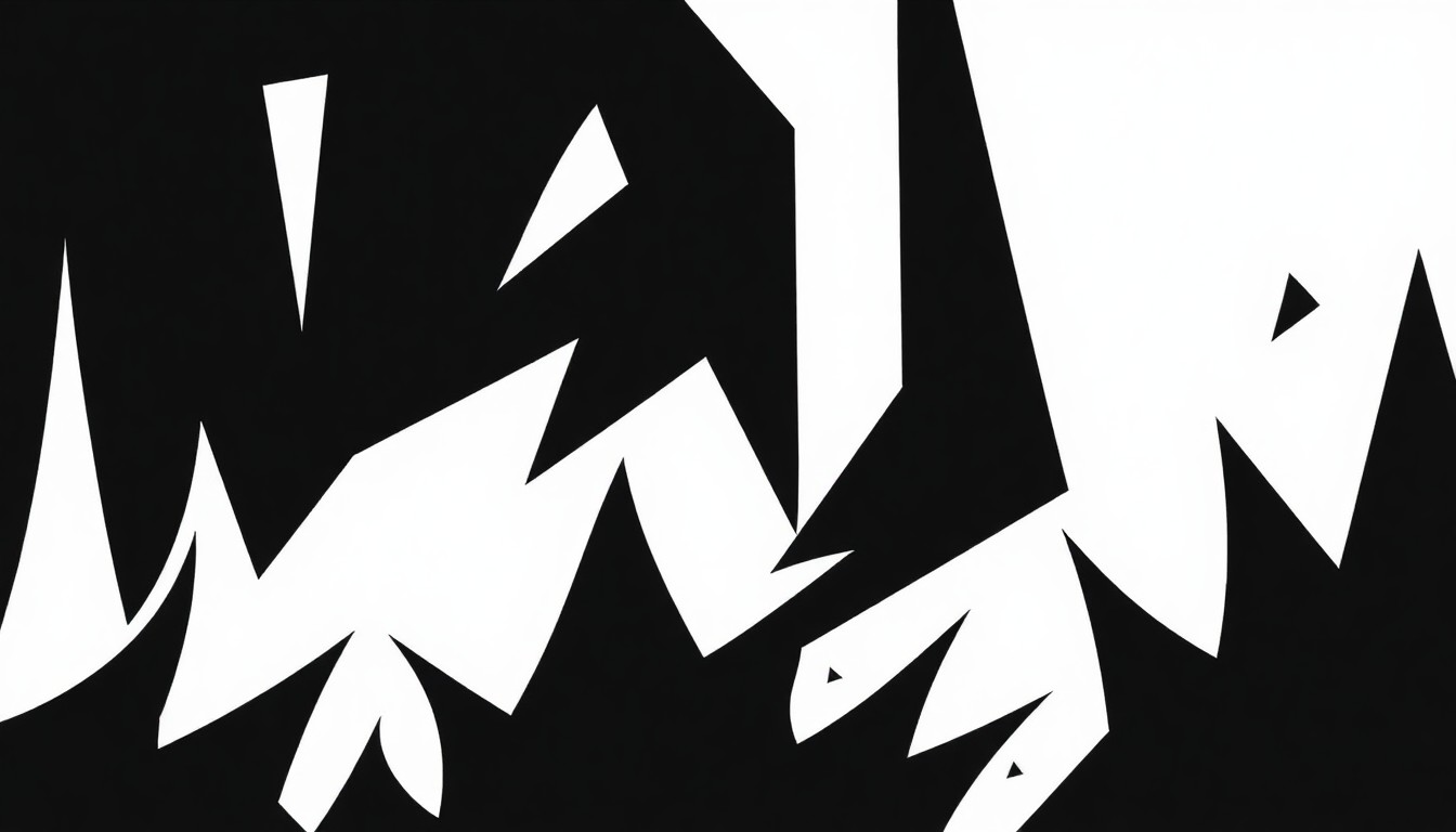 An abstract, minimalist illustration composed of bold, angular black shapes against a stark white background, conceptually representing the energy and spirit of the indie and punk rock music scene documented in the Aadam Jacobs Collection.