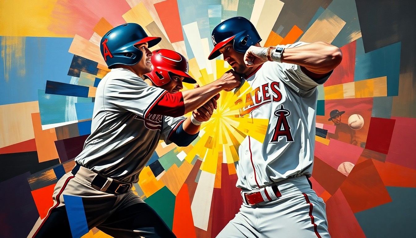 A fractured, multi-perspective painting depicting a baseball brawl, with sharp geometric planes of motion and intensity in the official team colors of the Atlanta Braves and Los Angeles Angels, conceptually representing the heated confrontation between the two players.