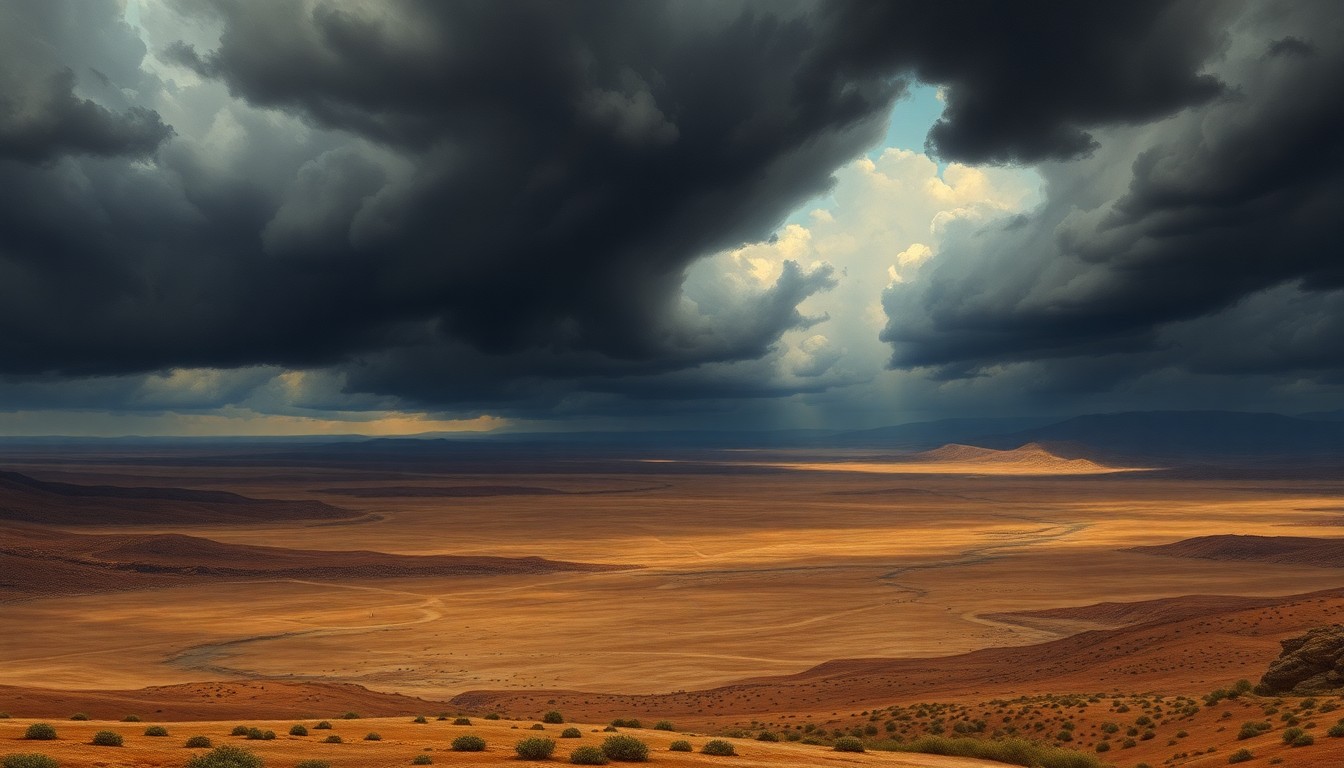 A vast, majestic landscape painting in muted earth tones, with a sweeping, atmospheric scene of a parched, drought-stricken valley under a heavy, ominous sky, conveying the overwhelming, sublime scale of the natural environment.