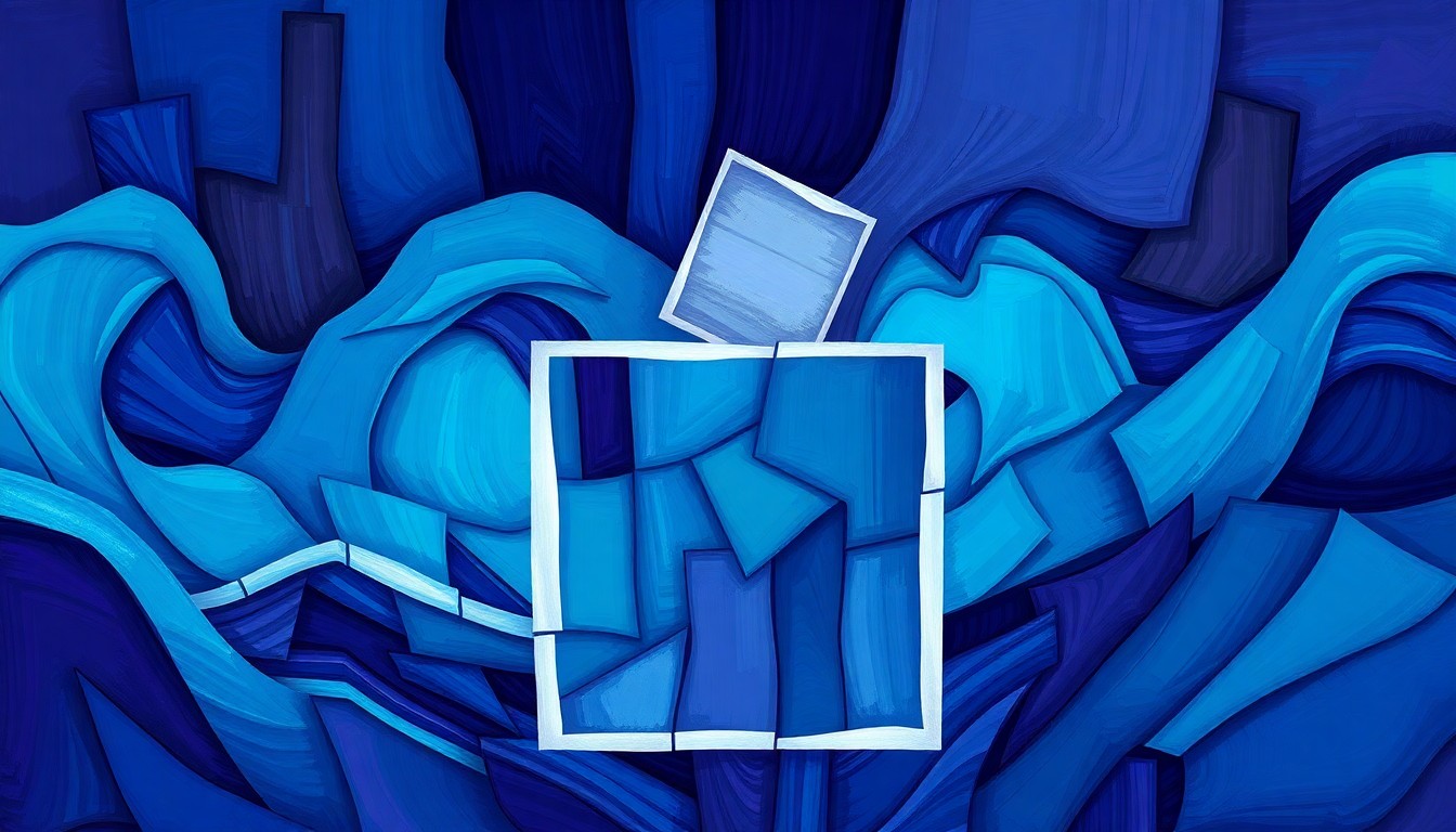 A fragmented, abstract painting of a voting booth or ballot box in shades of blue, teal, and violet, conveying the turbulent and high-stakes nature of this political dispute.