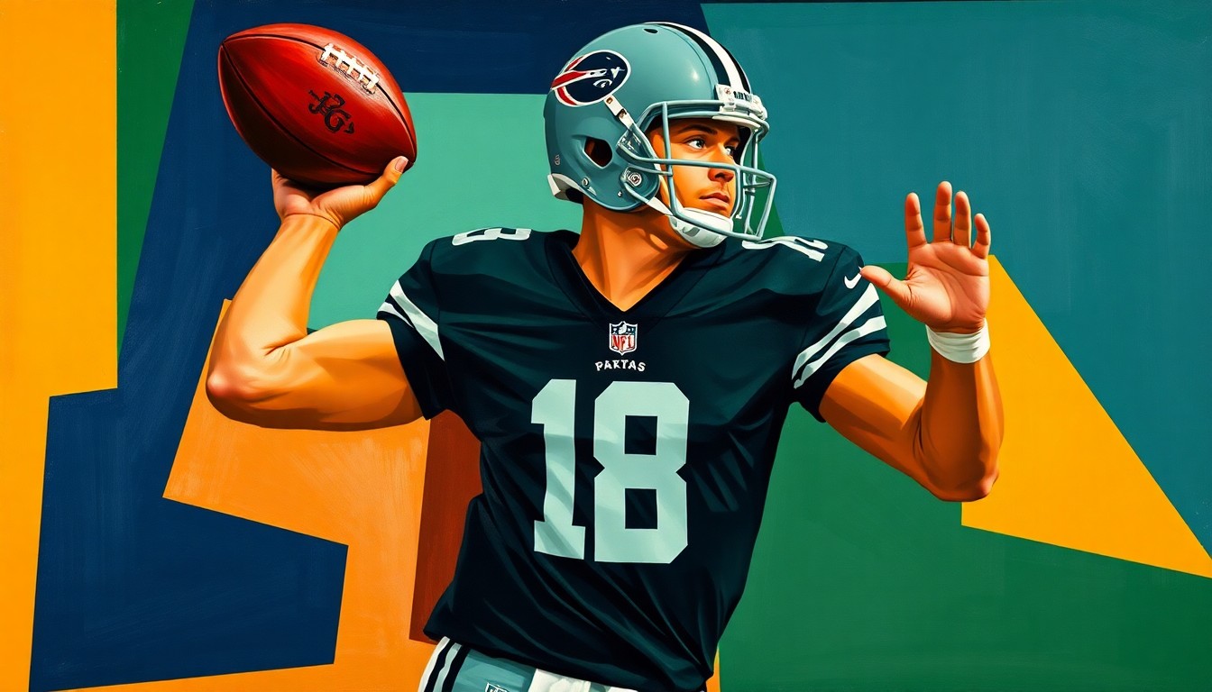 A cubist-style painting depicting a football quarterback in mid-throw motion, with the figure broken down into sharp, overlapping geometric planes of navy, green, and orange, conveying the complex and fragmented nature of the Ravens' contract situation with their star player.