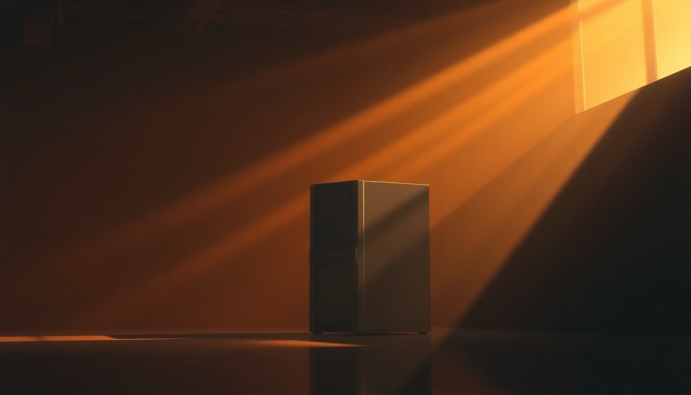 A moody, photorealistic painting of a solitary data server rack in a dimly lit industrial space, with warm beams of light cutting through the shadows and creating a sense of quiet contemplation.
