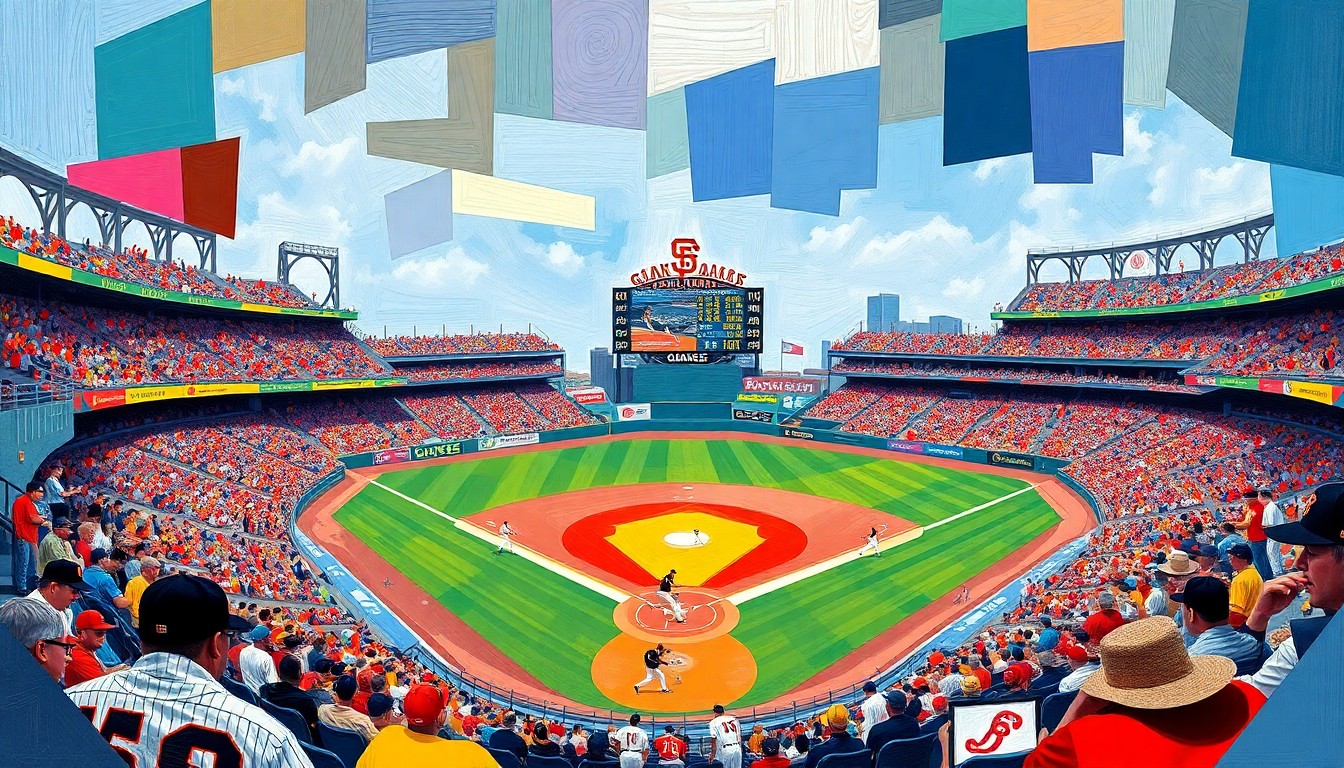 A fractured, geometric painting depicting a Giants baseball game, with sharp planes of color representing the players, field, and stadium. The abstract, cubist style captures the team's inconsistent play to start the year.