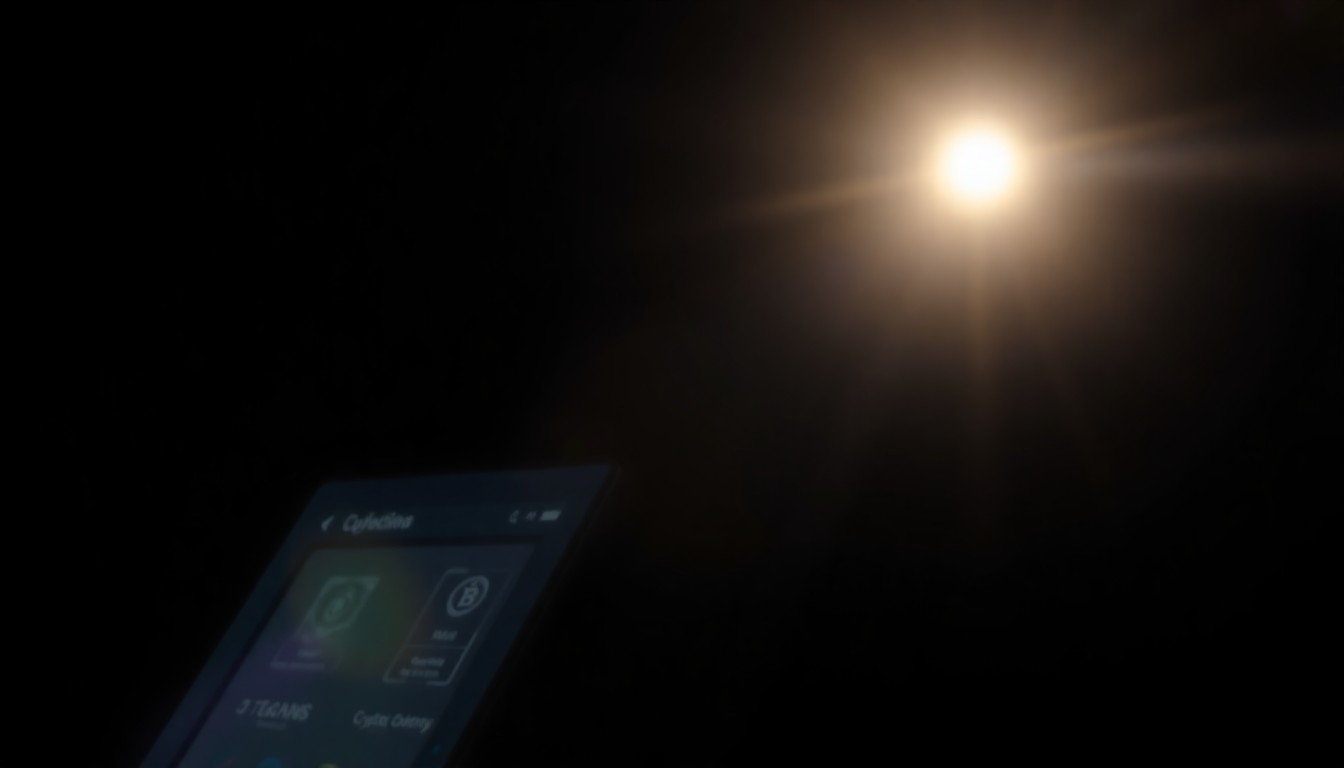 An extreme close-up photograph of a cryptocurrency kiosk machine with its metal casing and digital display illuminated by a harsh, direct camera flash against a pitch-black background, creating a stark, gritty, investigative aesthetic.