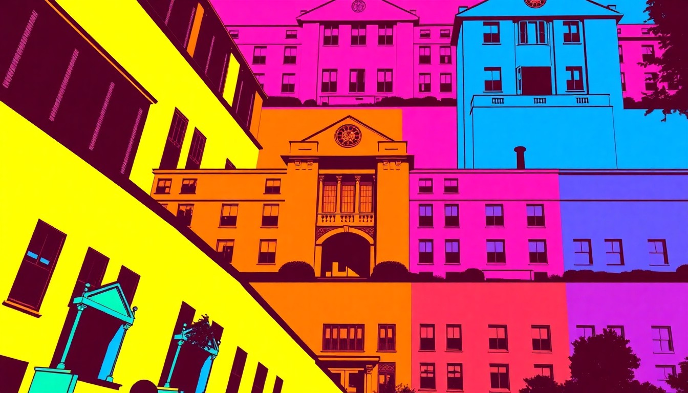 A brightly colored, high-contrast silkscreen print of a university campus building, repeated in a tight grid pattern, conceptually representing the faculty's concerns over the administration's vision for the institution's future.