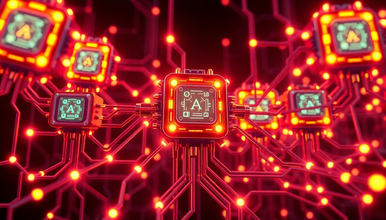 A highly detailed, glowing 3D illustration of a complex network of interconnected AI agents, represented as illuminated cybernetic hardware components linked by pulsing neon-colored data streams, conceptually representing the scalable and adaptive nature of Anthropic's managed service for enterprise AI workflows.