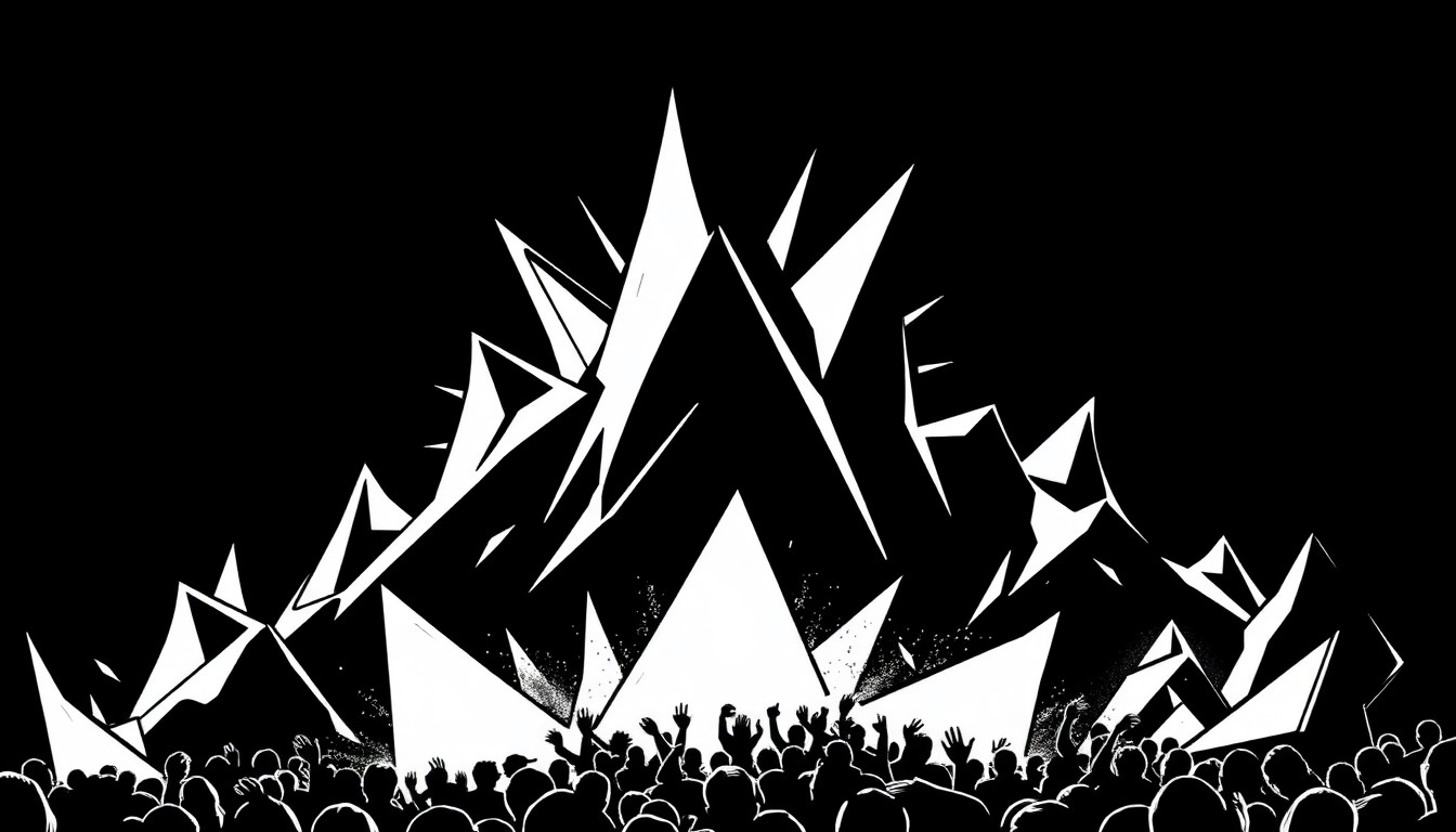 An abstract, minimalist illustration featuring sharp, angular black shapes against a stark white background, conveying the high-energy and intensity of an electronic music festival.