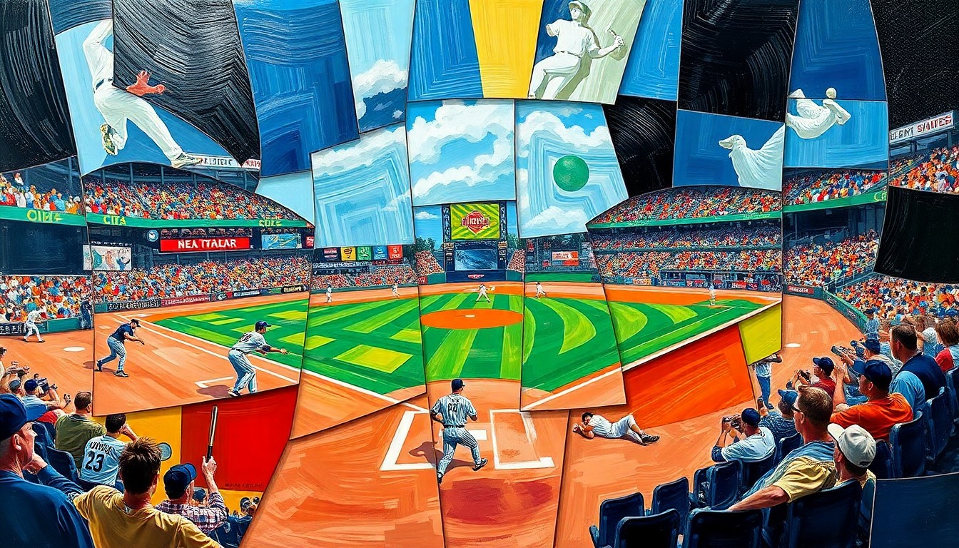 A fragmented, geometric painting depicting a baseball player's motion, with sharp, overlapping planes of color and form representing the complex factors the Yankees must consider in Volpe's trade potential.