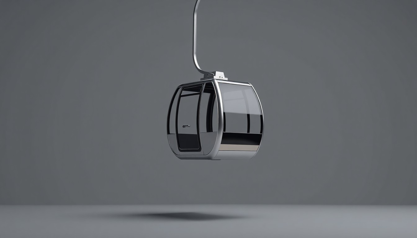 A photorealistic studio still life featuring a polished, geometric metal model of a gondola cabin suspended in midair against a clean, monochromatic grey background, conveying the premium design and high-tech nature of the proposed transportation system.