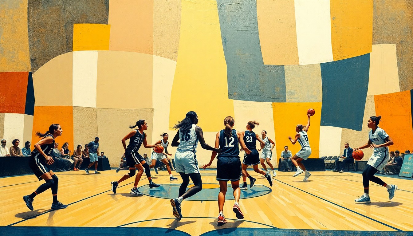 An abstract, cubist-style painting depicting the fragmented movements and lines of a women's basketball game, with sharp geometric planes and overlapping perspectives conveying the sport's raw energy and athleticism.